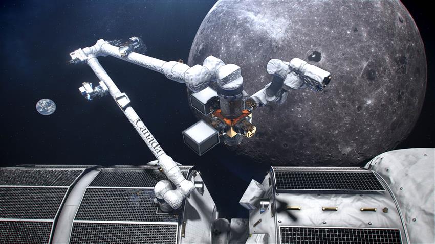 Concept d'artiste du grand bras Canadarm3 sur la "Lunar Gateway" (Crédits : CSA, NASA)