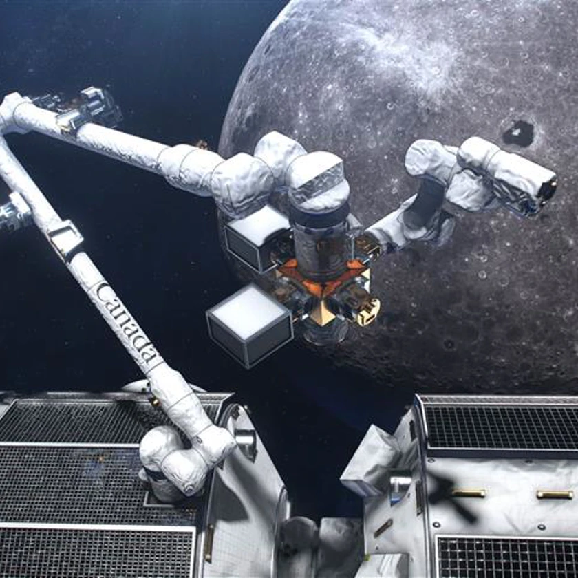 Concept d'artiste du grand bras Canadarm3 sur la "Lunar Gateway" (Crédits : CSA, NASA)