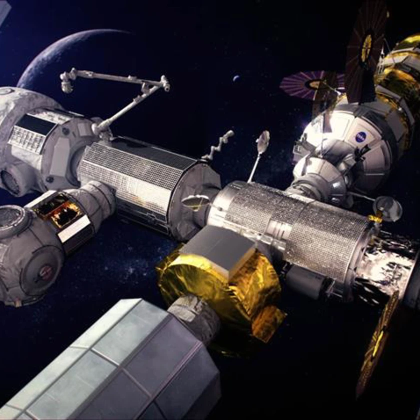 Concept d'artiste de Canadarm3, situé à l'extérieur de la "Lunar Gateway" (Crédits : CSA, NASA)